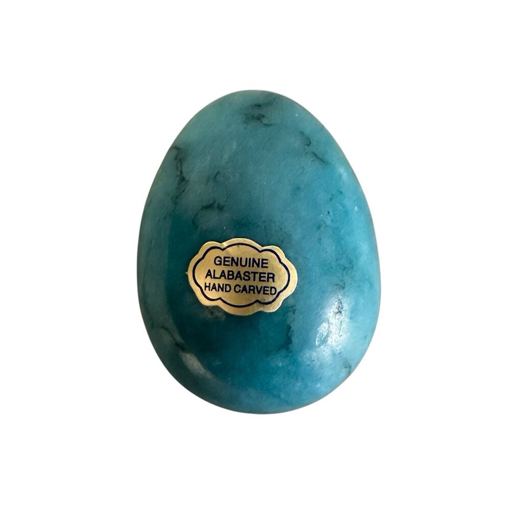 Genuine Alabaster Stone Hand Carved Blue Marble Egg Vintage